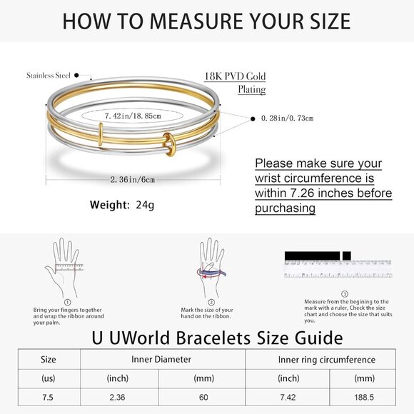 Stackable 18K Gold Plated Silver & Gold Bangle Bracelets for Women, 7.5 Inch, St - Picture 4 of 6